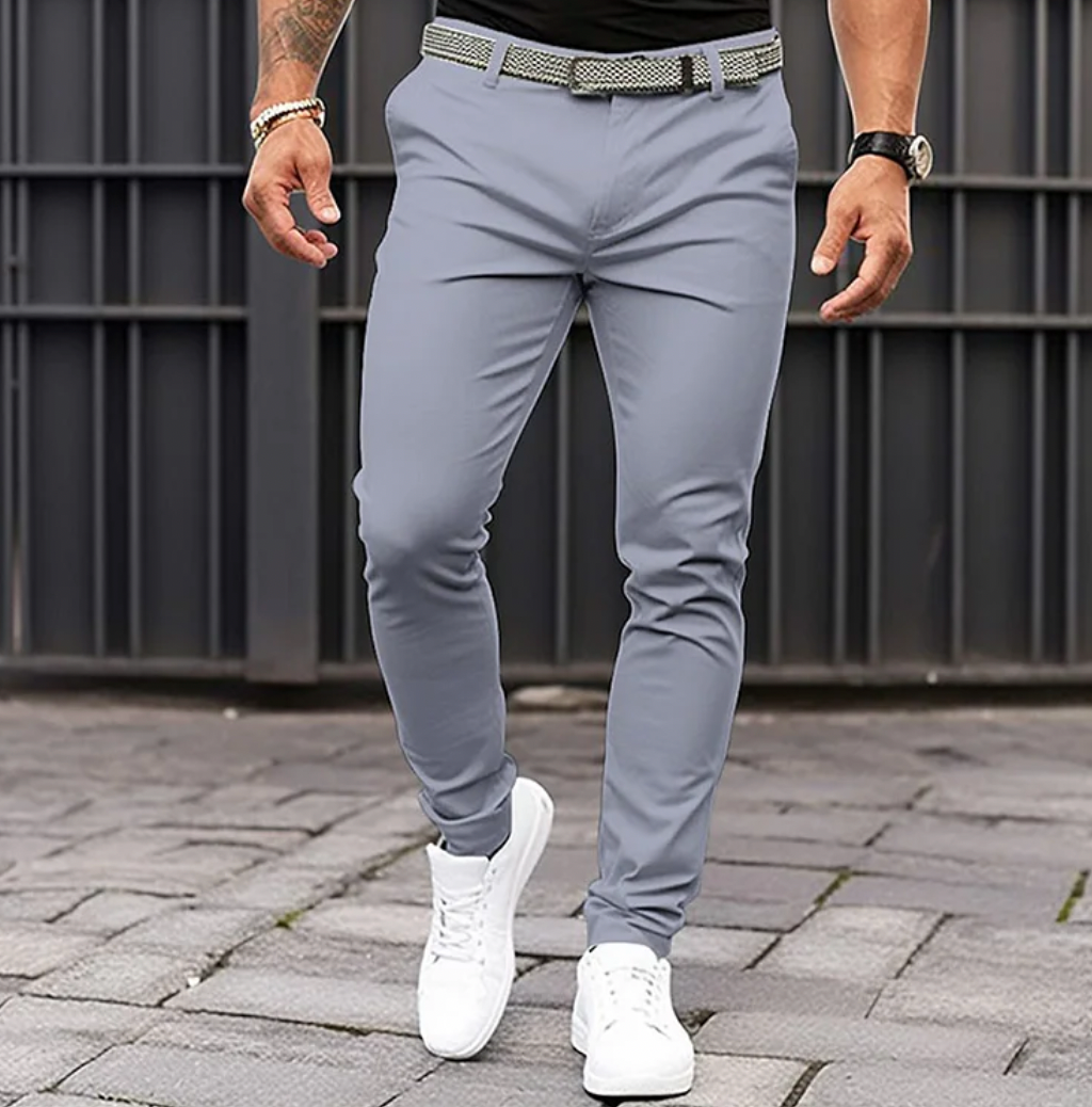 Men's Slim Fit Stretch Chino Trousers - Neutral - side view | SAINT DOR
