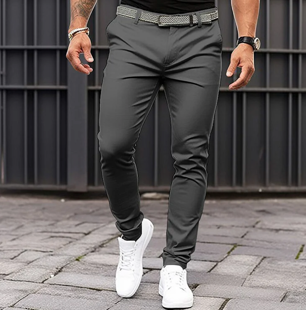 Men's Slim Fit Stretch Chino Trousers - Neutral - front view | SAINT DOR