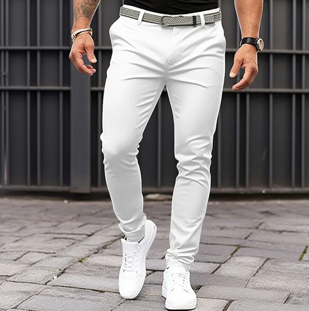 Men's Slim Fit Stretch Chino Trousers - Neutral - detail view | SAINT DOR