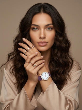 Watch with rose gold tone case and suede look strap