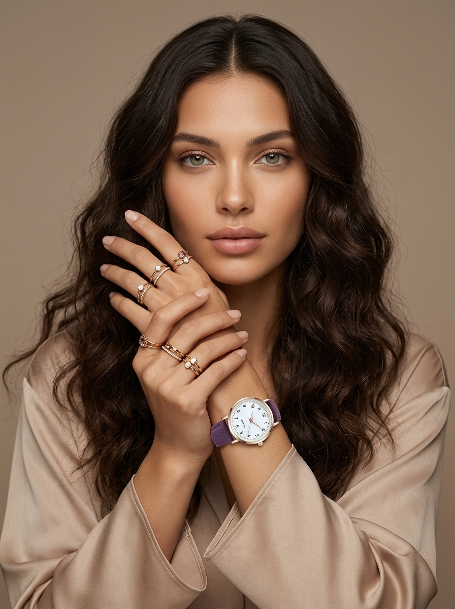 Watch with rose gold tone case and suede look strap