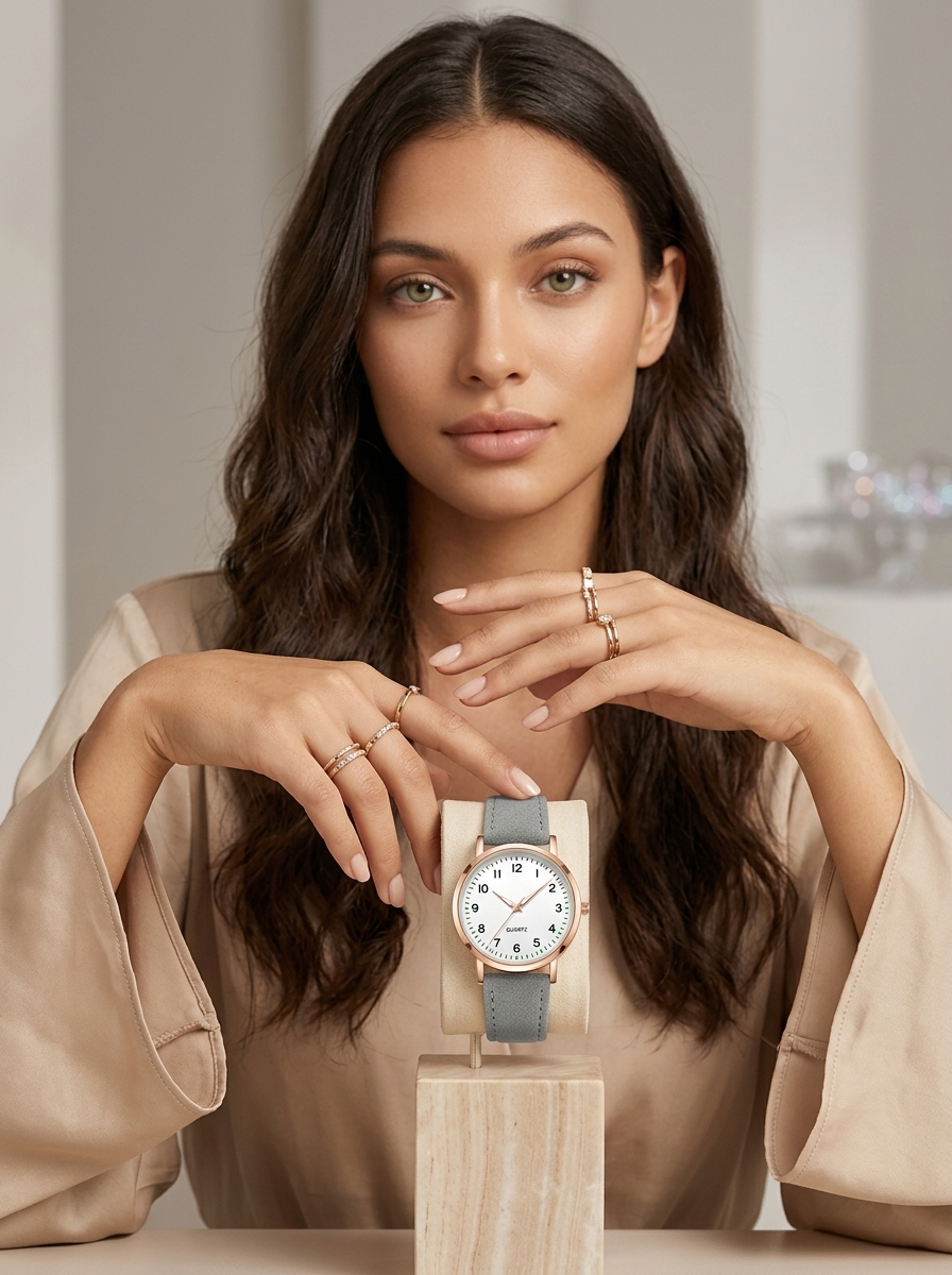 Watch with rose gold tone case and suede look strap