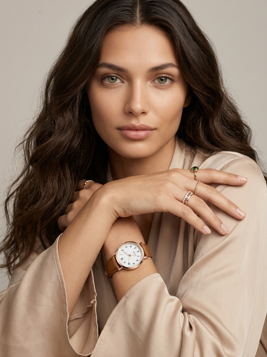 Watch with rose gold tone case and suede look strap