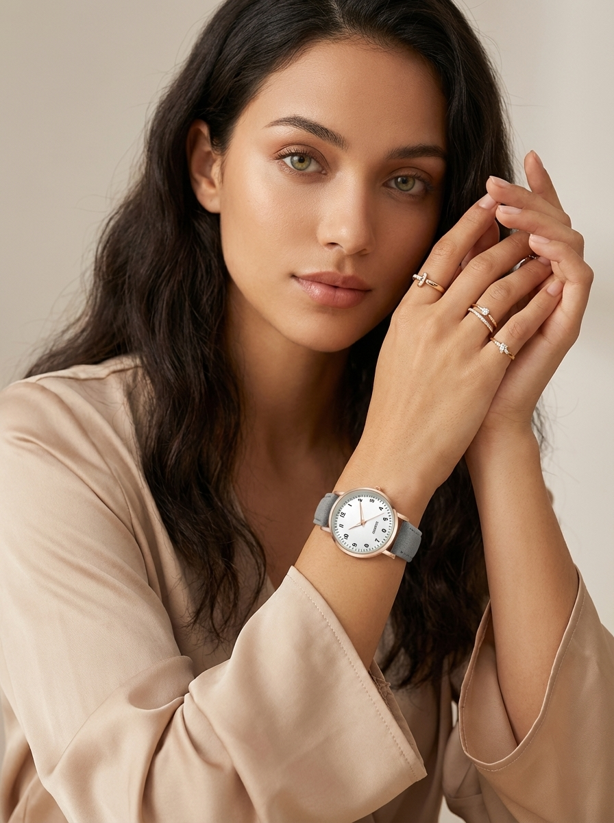 Watch with rose gold tone case and suede look strap