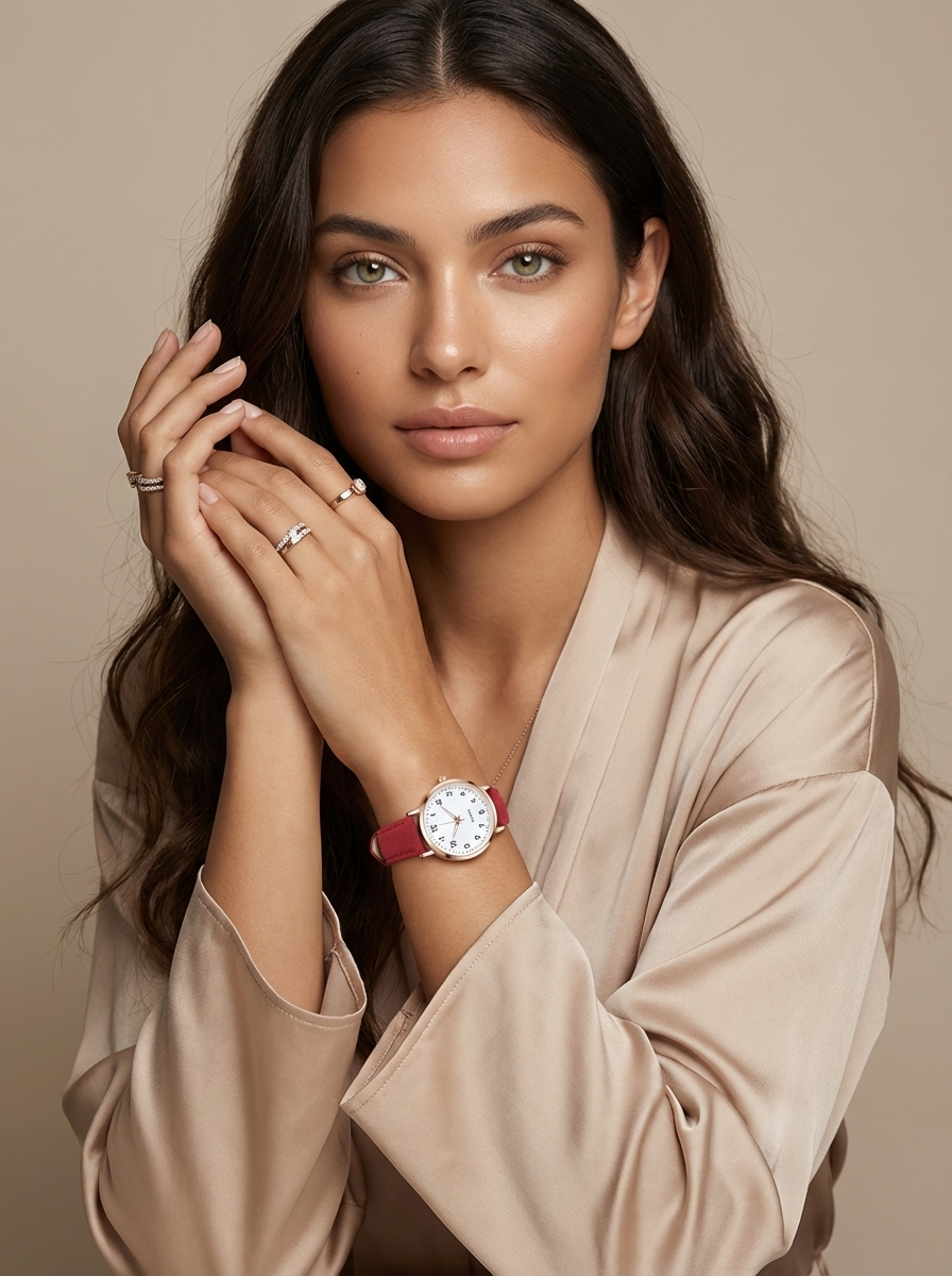 Watch with rose gold tone case and suede look strap