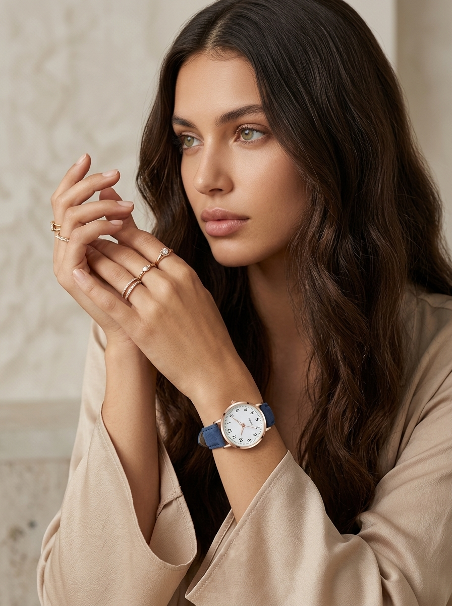 Watch with rose gold tone case and suede look strap
