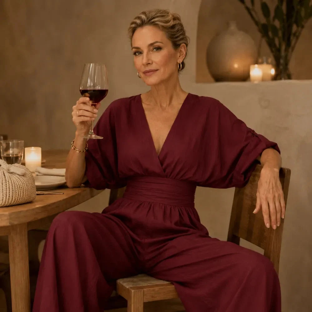 Women's wide leg V-neck jumpsuit - detail