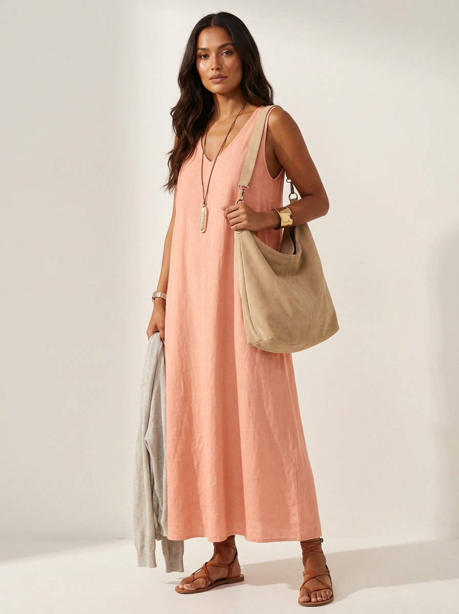 Sleeveless linen look maxi dress with a deep neckline