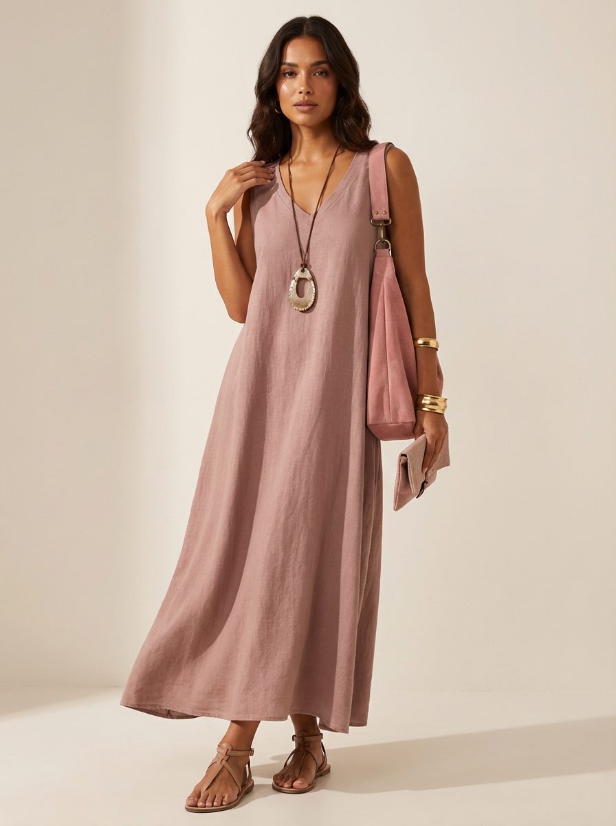 Sleeveless linen look maxi dress with a deep neckline