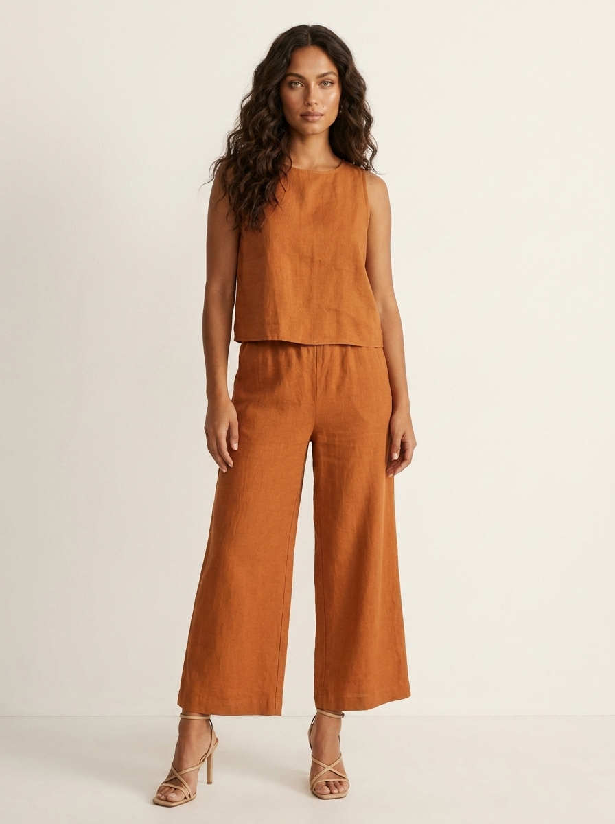 Women's Linen-Look Set - Sleeveless Top, Wide Leg