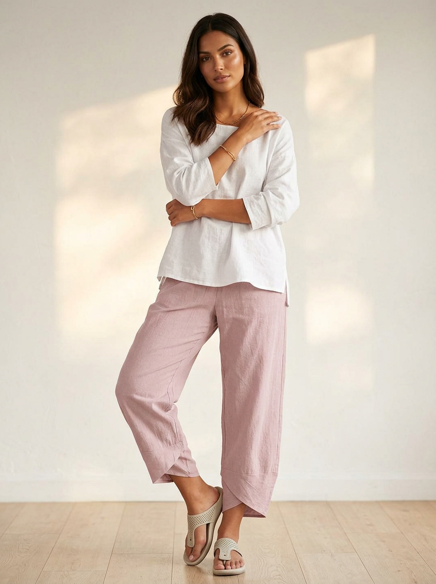 Lightweight linen look trousers with elasticated waist