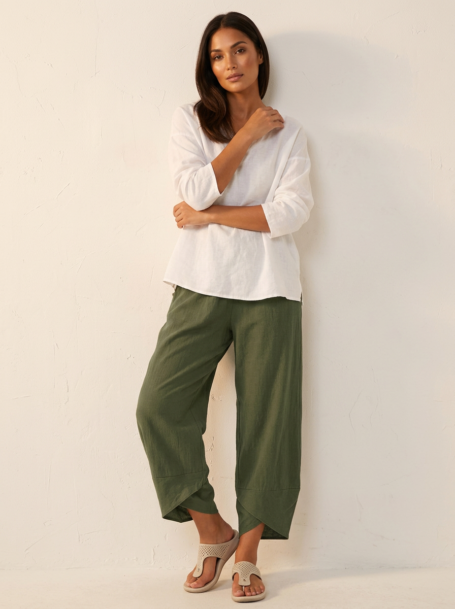 Lightweight linen look trousers with elasticated waist
