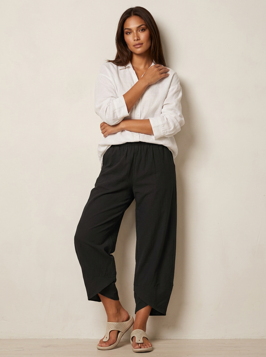 Lightweight linen look trousers with elasticated waist