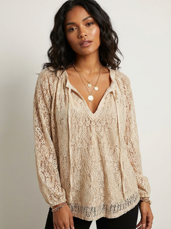 Women's Lace Blouse - floral lace with v-neck tie