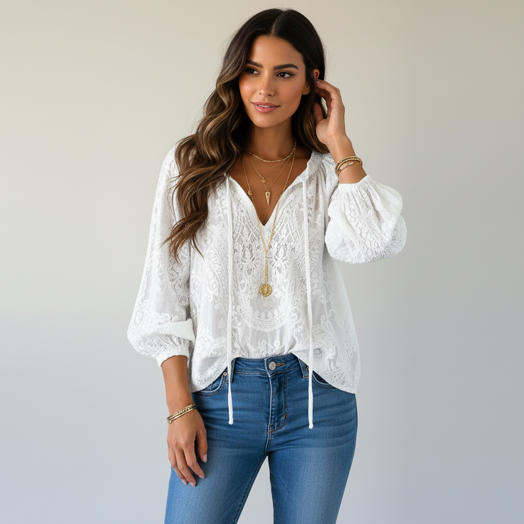Women's Lace Blouse - floral lace with v-neck tie