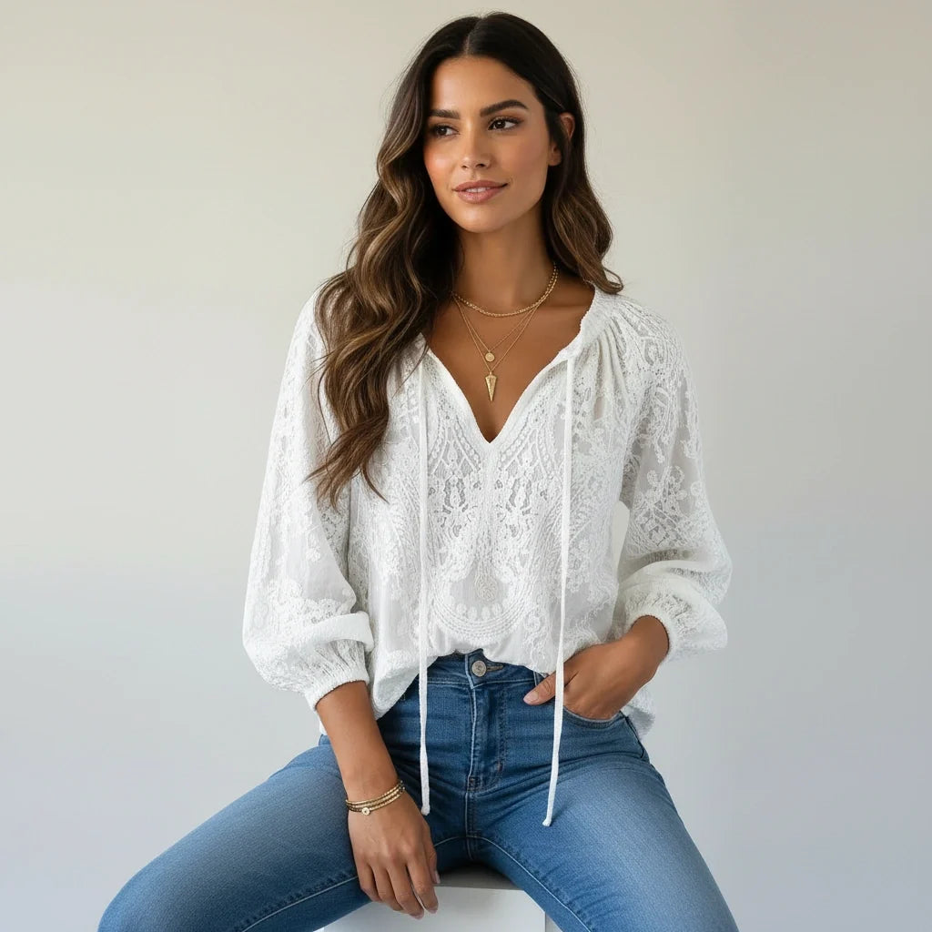 Women's Lace Blouse - floral lace with v-neck tie