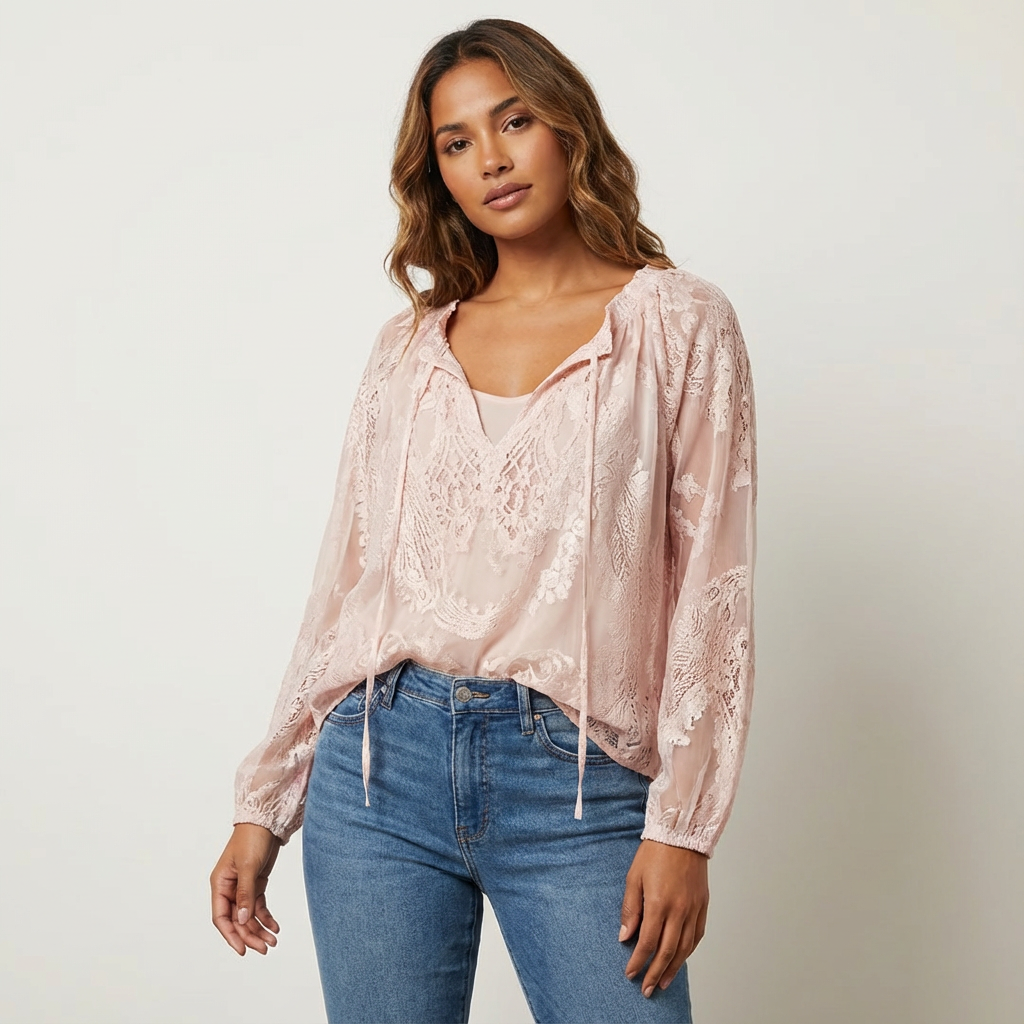 Women's Lace Blouse - floral lace with v-neck tie
