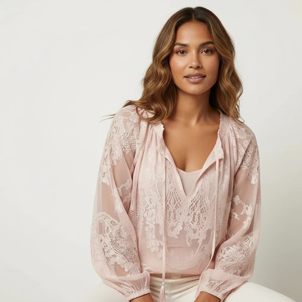 Women's Lace Blouse - floral lace with v-neck tie