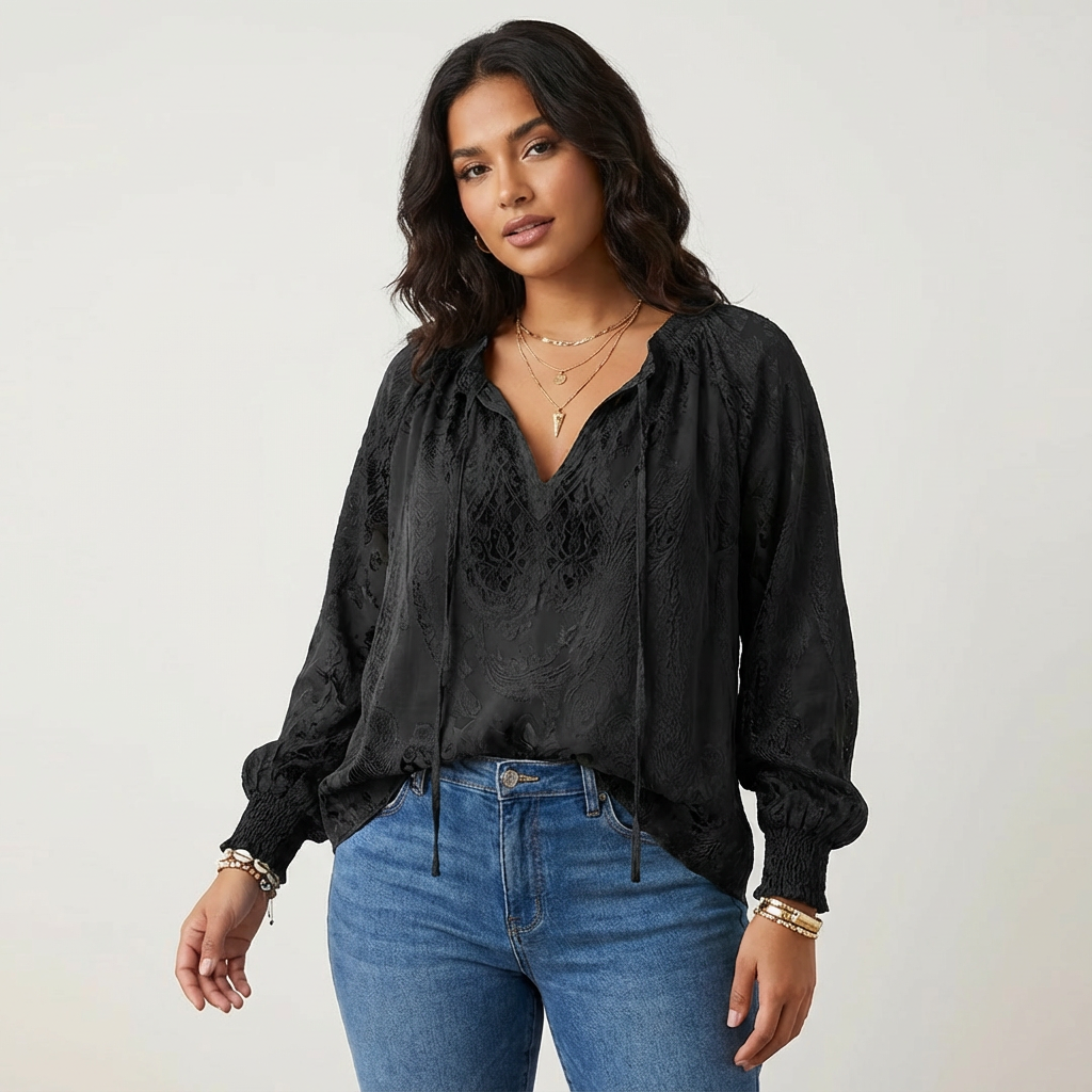 Women's Lace Blouse - floral lace with v-neck tie