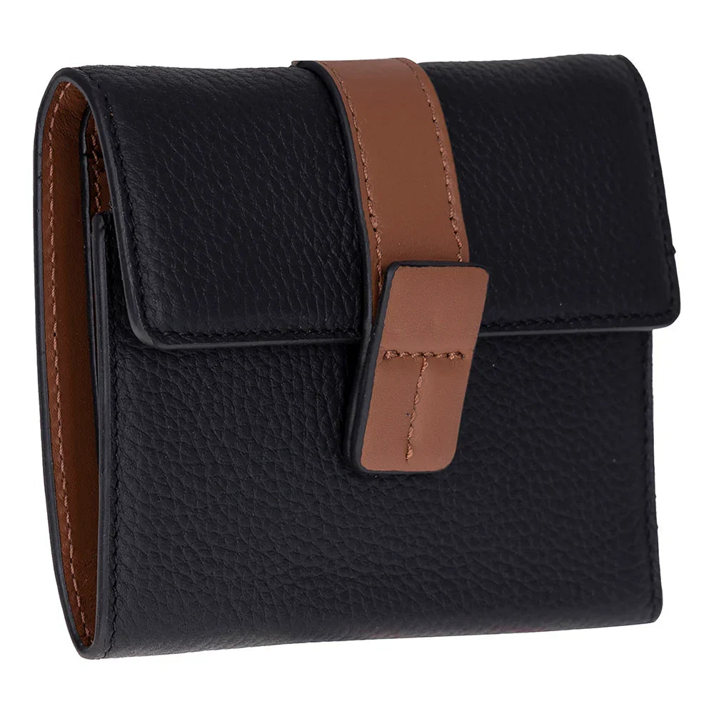 Women's Leather Wallet in Black with Tan Strap