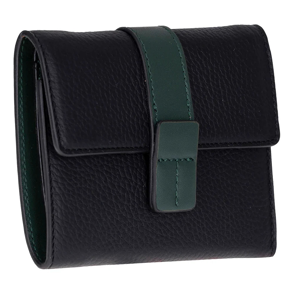 Women's Leather Wallet in Black with Green Strap
