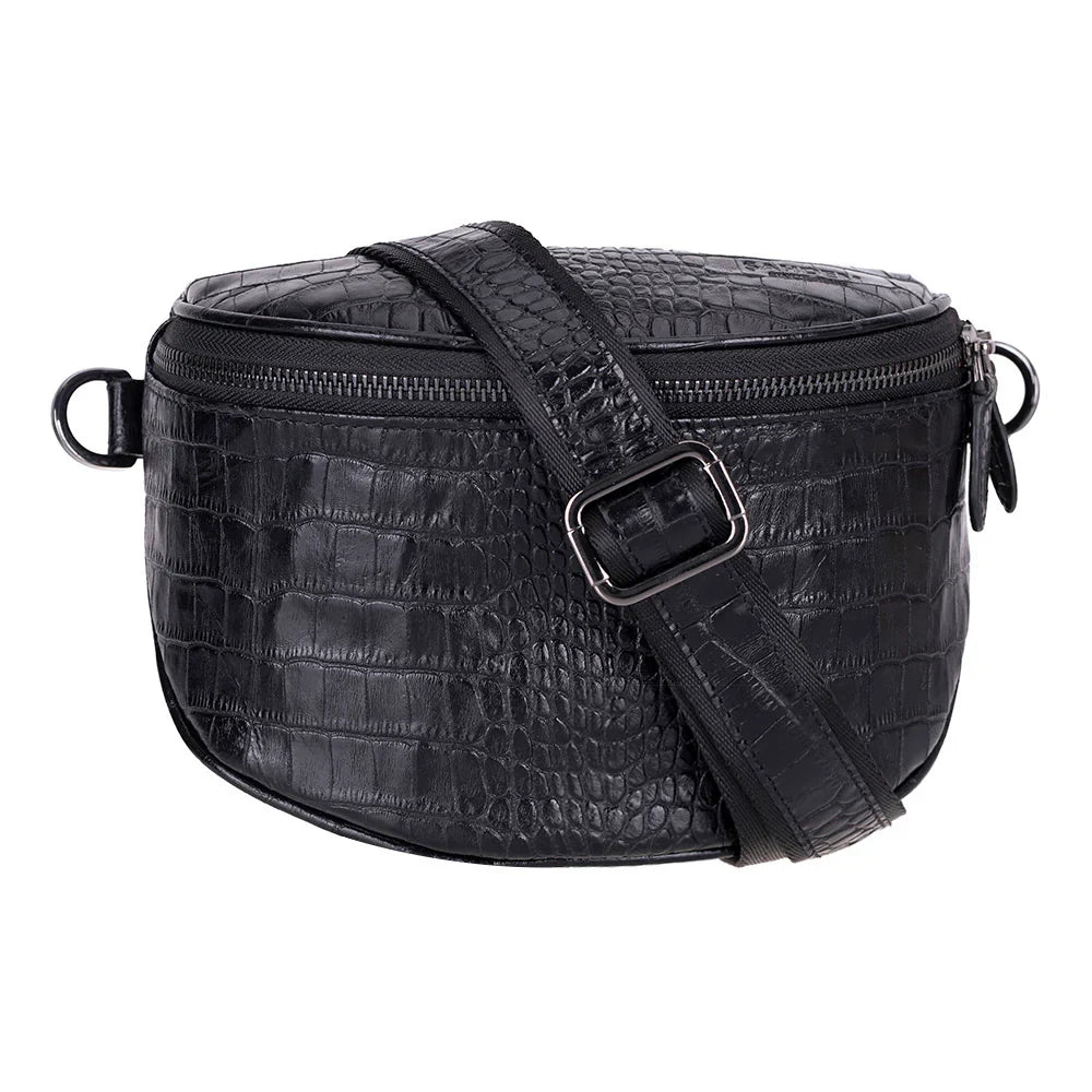 Leather Crossbody Bag in Croc Black