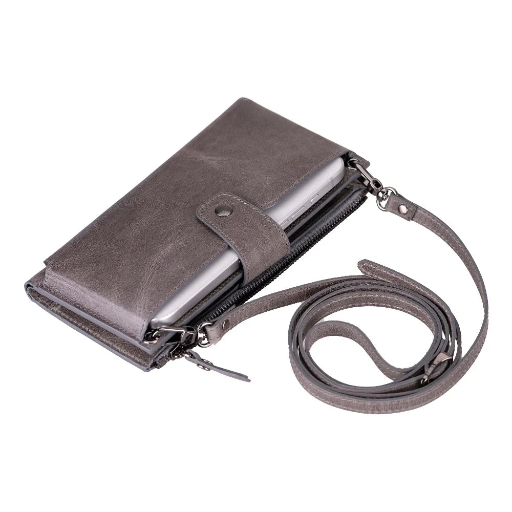 Leather Crossbody Phone Bag in Light Grey
