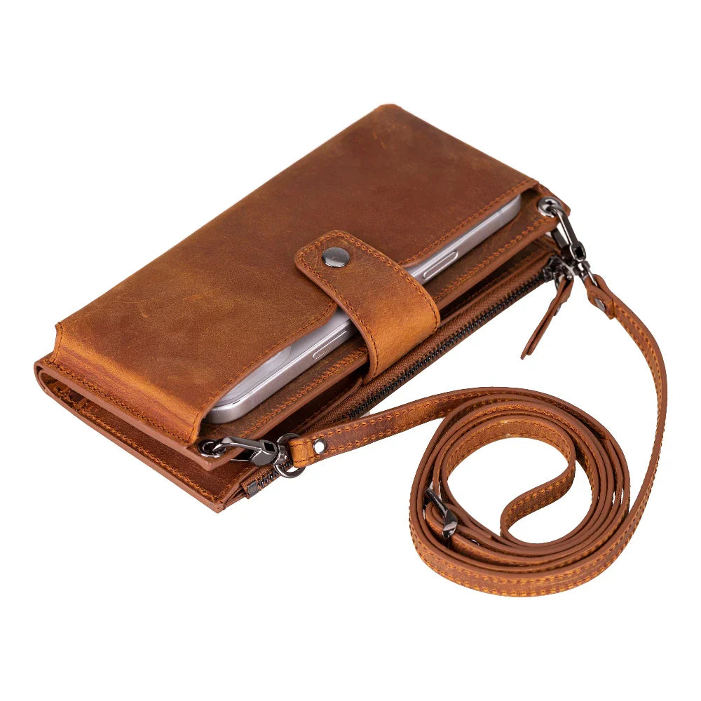 Leather Crossbody Phone Bag in Sandy Brown