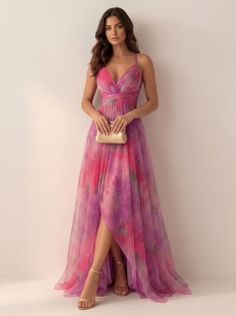 Maxi gown with watercolour print and front split