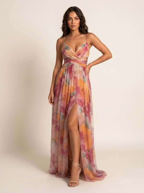 Maxi gown with watercolour print and front split