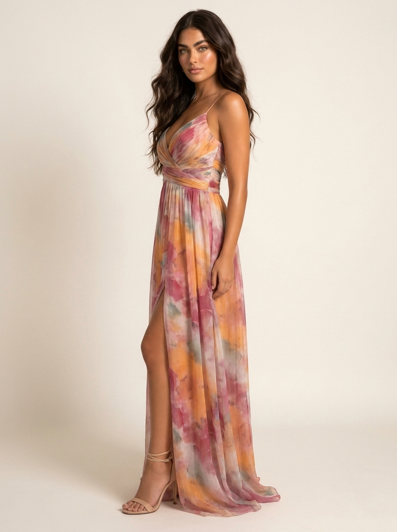 Maxi gown with watercolour print and front split