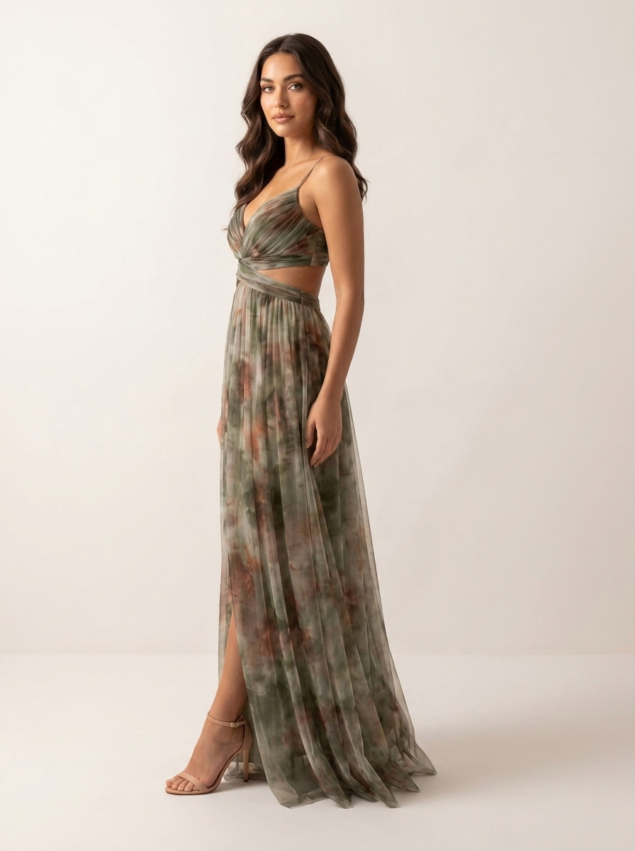 Maxi gown with watercolour print and front split