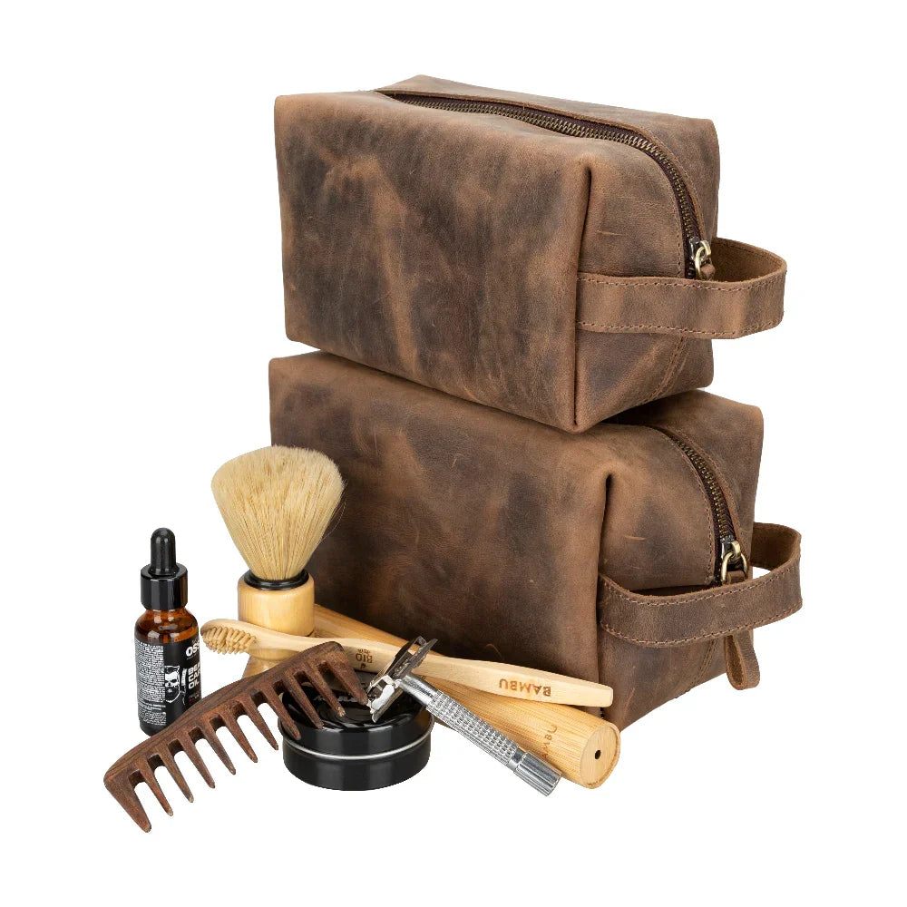 Leather Wash Bag in Amber