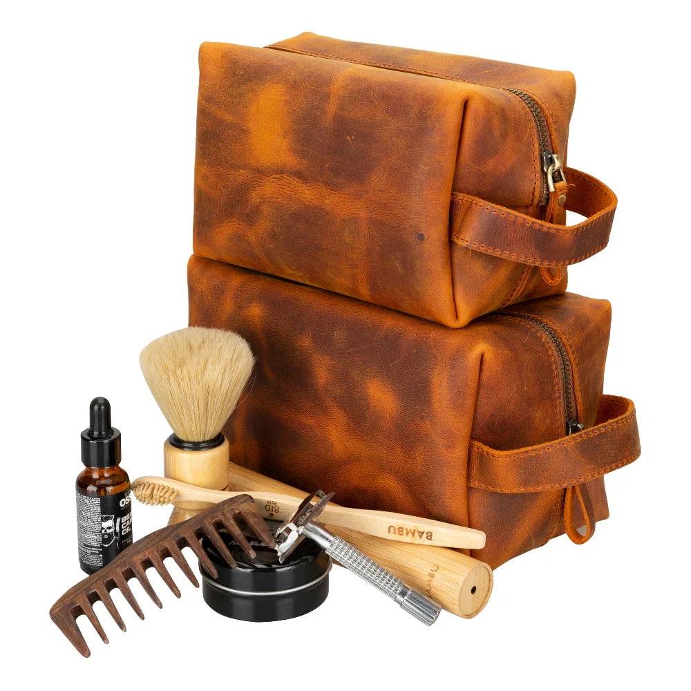 Leather Wash Bag in Bamboo