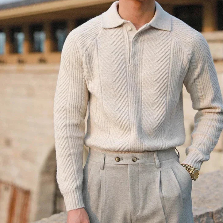 Men's merino wool knitted polo jumper, full length