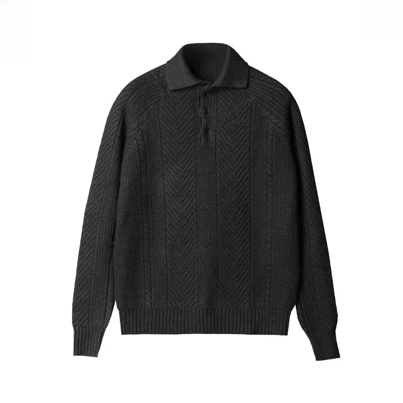 Men's knitted polo jumper with cable panels, front view