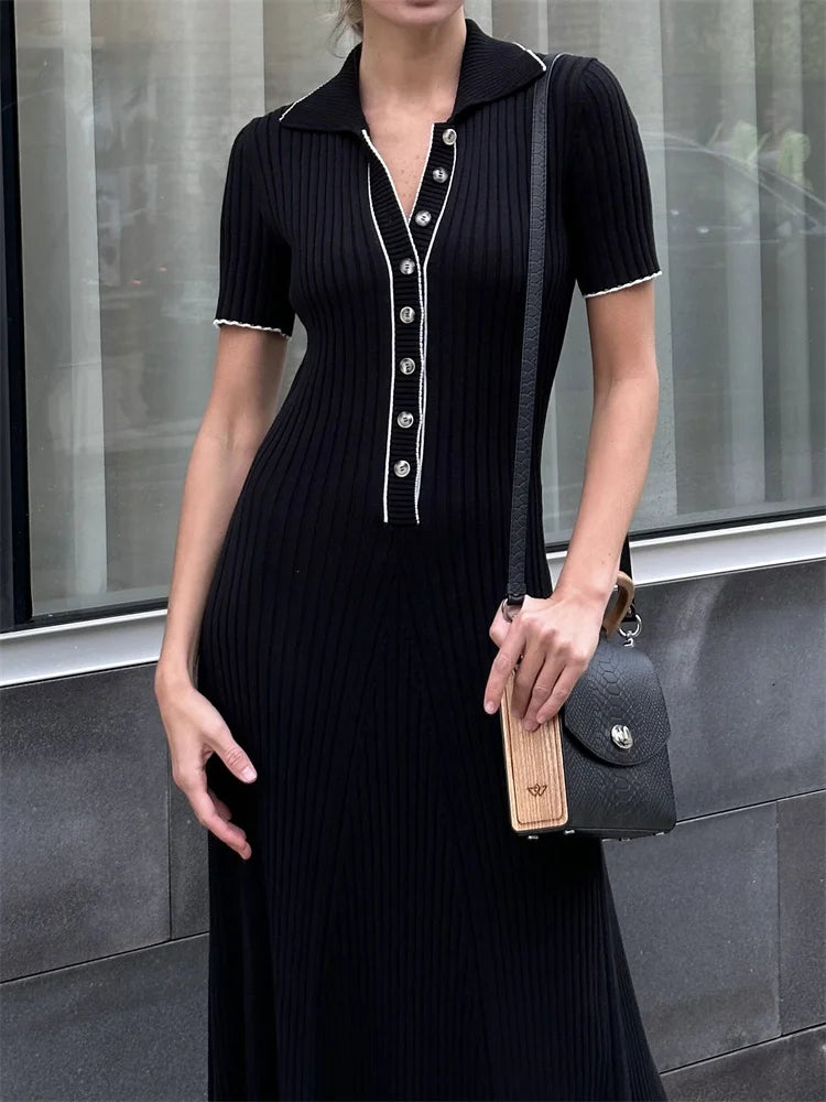 Women's figure-hugging knit dress retro button placket - image 10