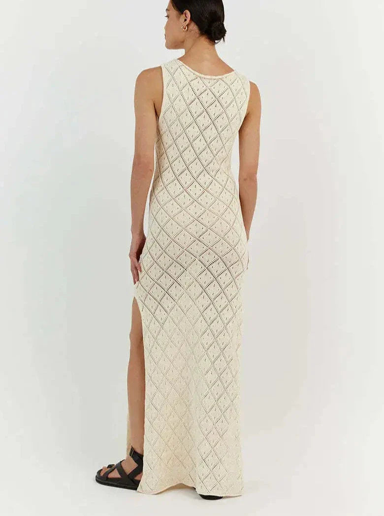 Women's Crochet Maxi Dress – Sheer Summer Resort Slit – close-up detail