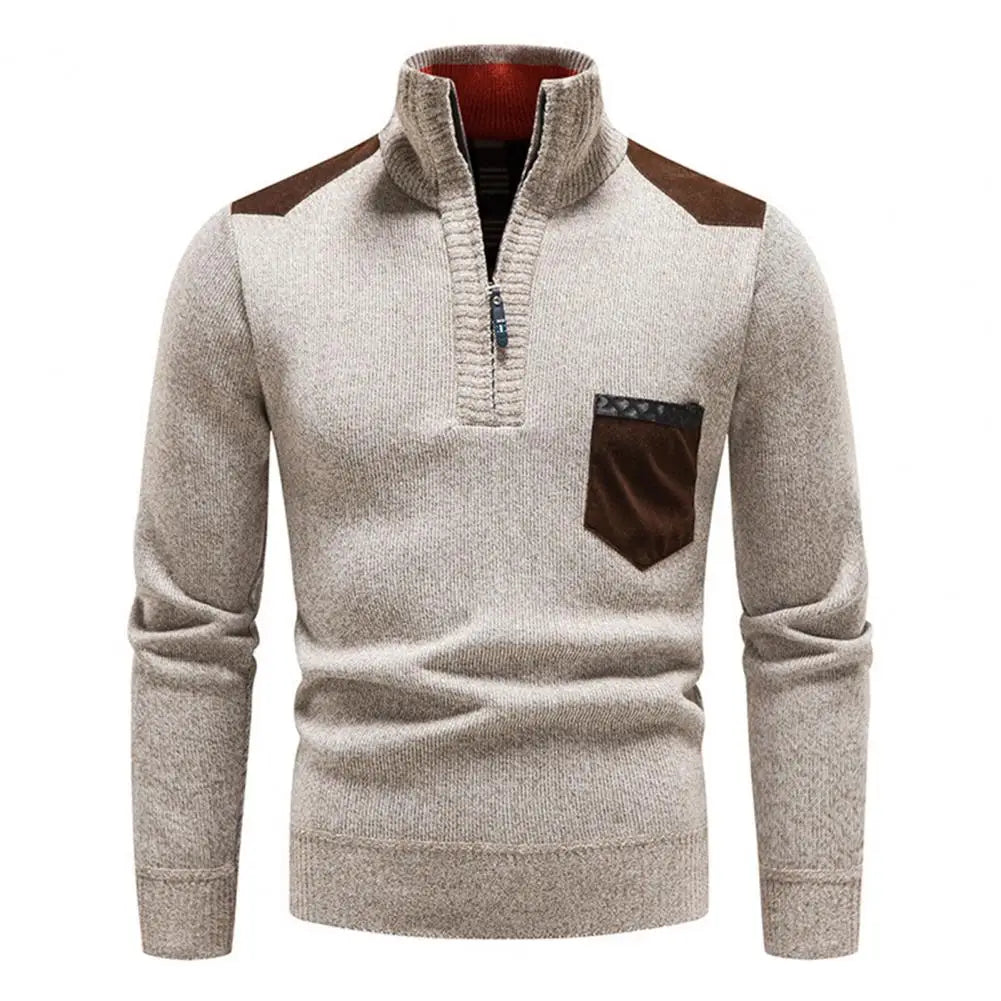 Men's half-zip jumper with contrast shoulder panels, front view