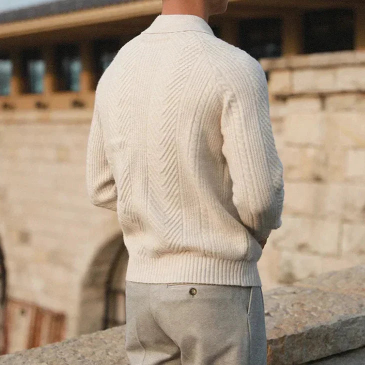 Men's knitted polo jumper with cable panels, front view