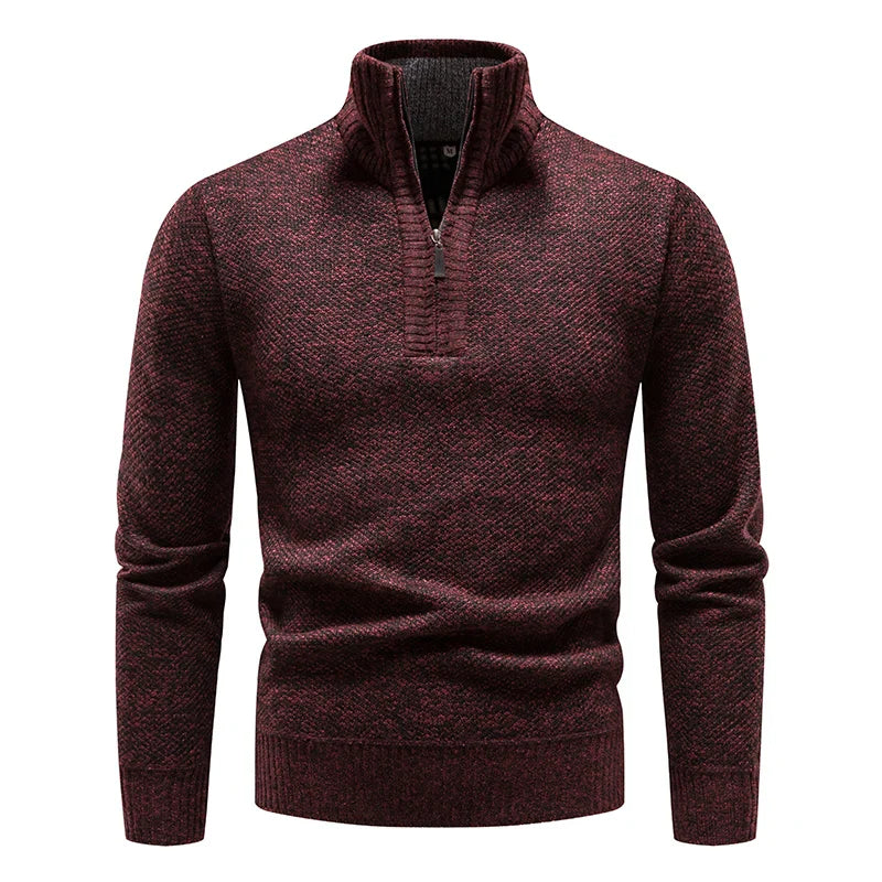 Half-zip funnel neck jumper showing the zip and ribbed collar