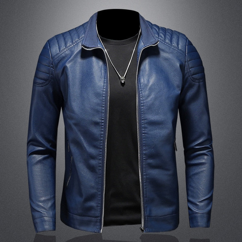 Men's Ribbed Shoulder Open Collar Leather Jacket – Saint Dor UK – front view