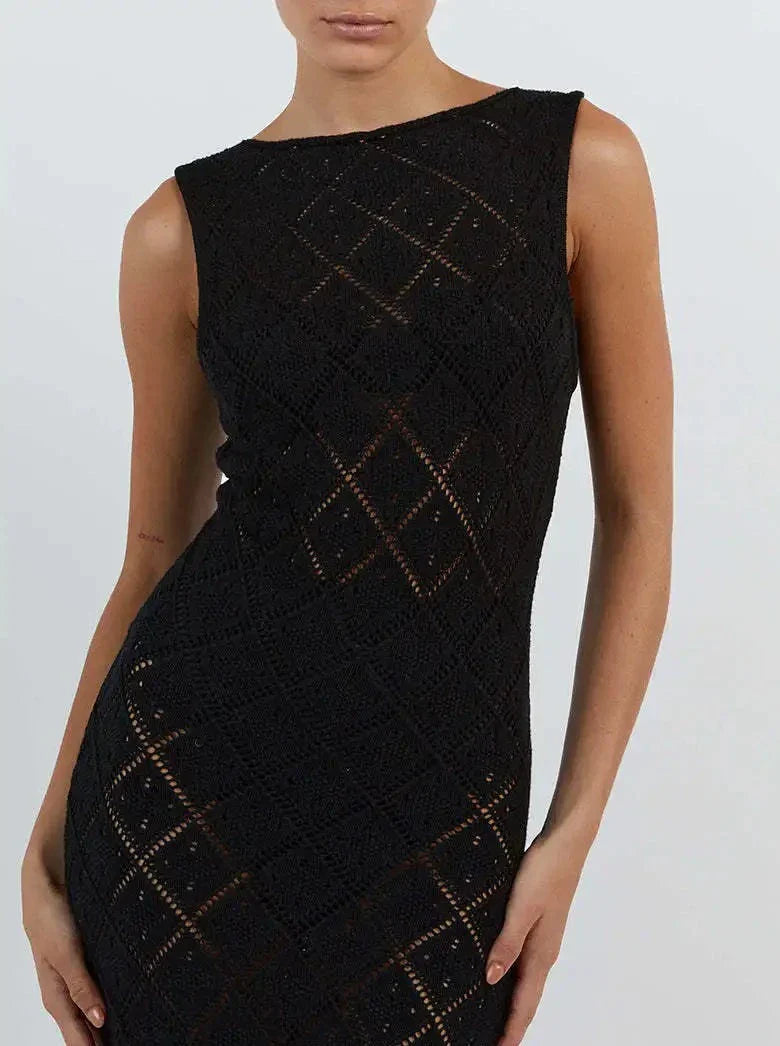 Women's Crochet Maxi Dress – Sheer Summer Resort Slit – full length view