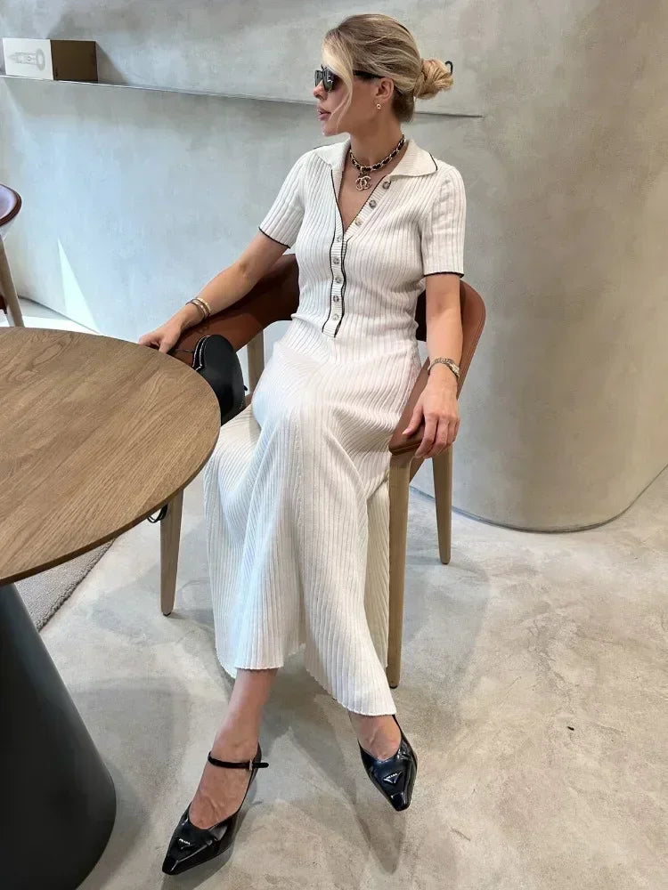 Women's Figure-Hugging Knit Dress – Retro Button Placket – lifestyle shot