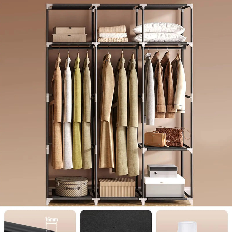 Black Fabric Wardrobe – 3 Rails 9 Shelves 130x176cm – side view
