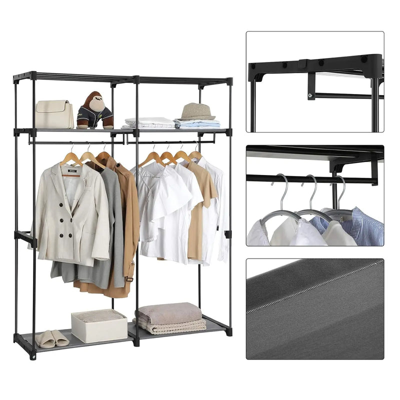 Grey Fabric Wardrobe – 2 Rails Shelves Zip Cover 140x174 – front view