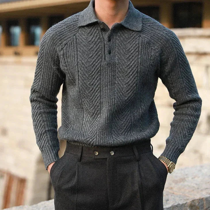 Men's merino wool knitted polo jumper, full length