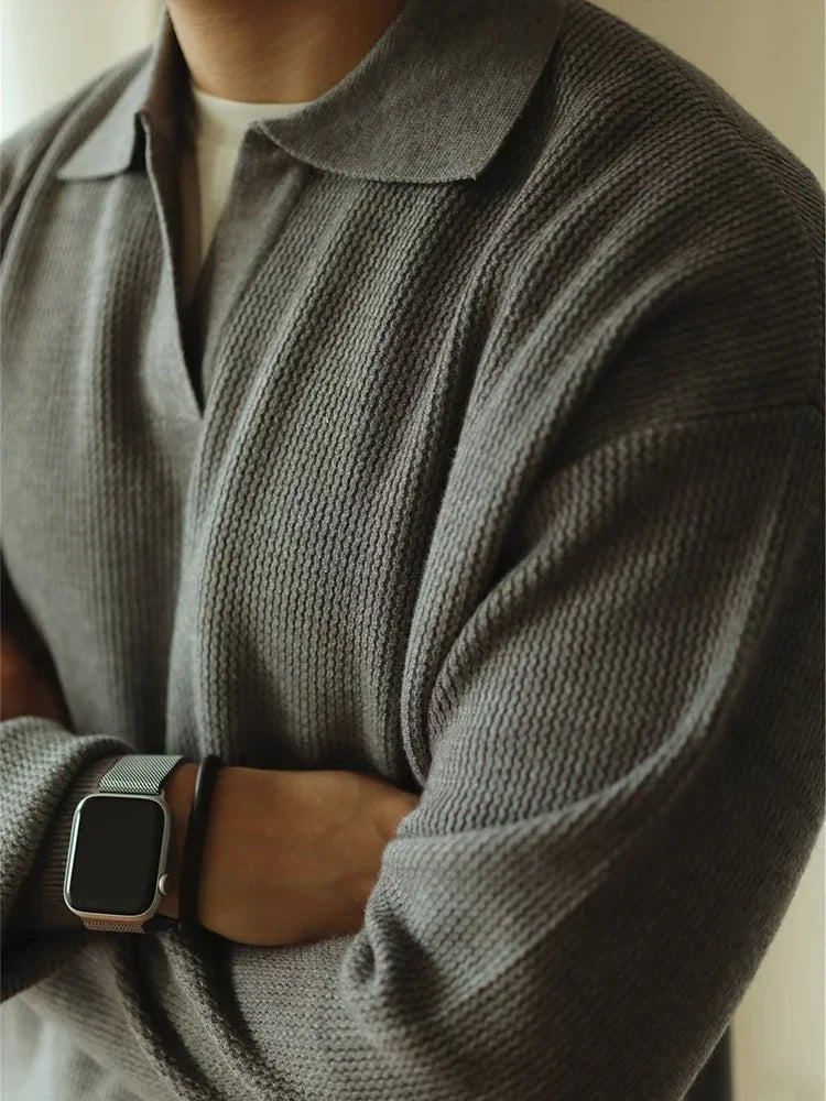 Men's knitted polo with flat collar in Grey