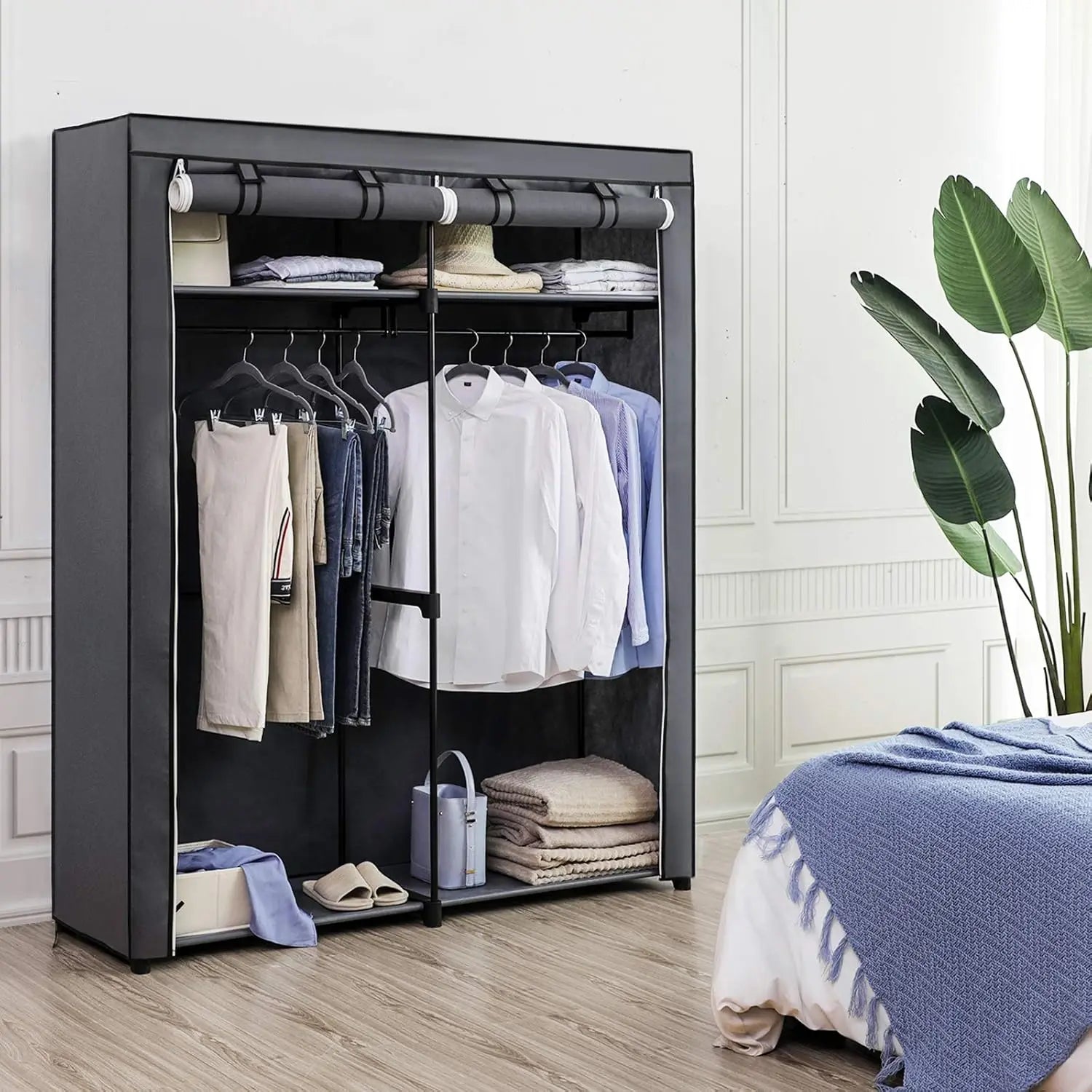 Grey Fabric Wardrobe – 2 Rails Shelves Zip Cover 140x174 – side view
