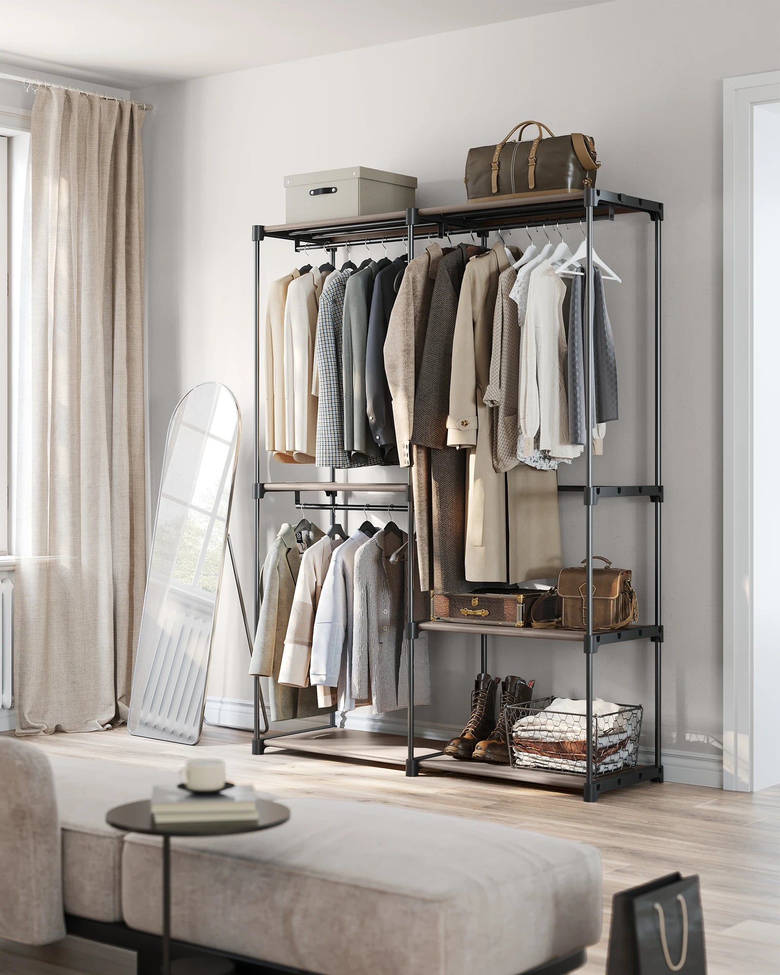 Open Wardrobe Rail System – 3 Rails Steel Frame 138x182cm – back view